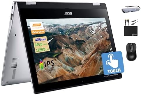 Acer Chromebook Spin 2024 Newest 2-in-1 Convertible Laptop, 8-Core MediaTek MT8183C Processor, 11.6" HD IPS Touchscreen, 4GB RAM, 192GB (64GB eMMC+128GB Card), Long Battery, Chrome OS+MarxsolAccessory