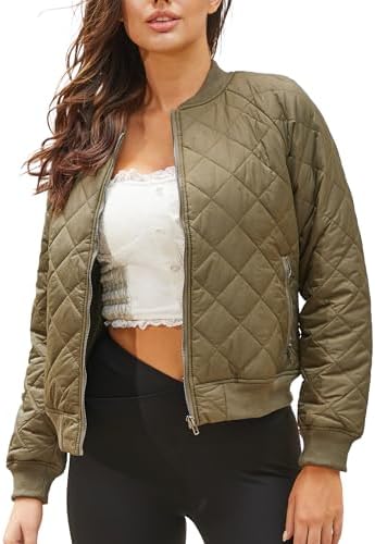 andy & natalie Women's Bomber Jacket 2023 Fashion Qulited Casual Jakcets Long Sleeve Zip up Bomber Jacket with Pockets