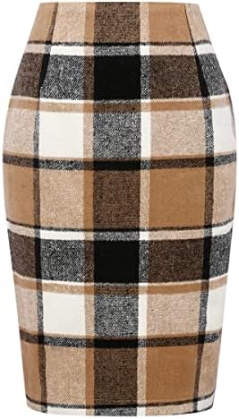 IDEALSANXUN Midi Plaid Skirts for Women 2024 Fall Winter Knee Length Pencil Wool Skirt with Slit