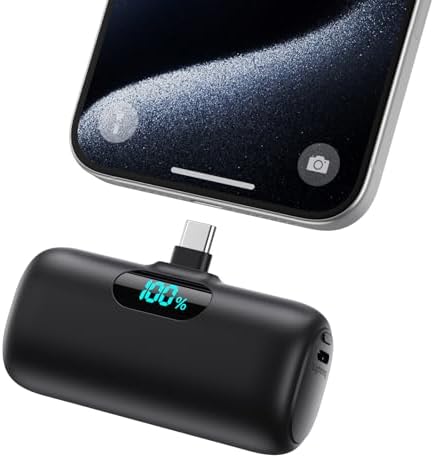 Mini Portable Charger USB C Power Bank, Upgraded 5000mAh PD Fast Charging Battery Pack Built-in USB-C Connector,LCD Display,Compatible with iPhone 15,15 Plus,15 Pro/Max ,iPad Pro/Air,Android Phone etc