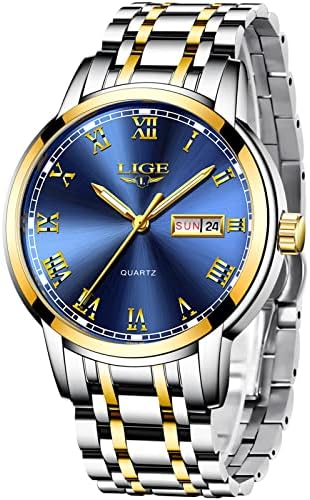 LIGE Mens Watches Waterproof Stainless Steel Simple Design Analogue Quartz Watch Men Business Casual Date Blue Wrist Watch for Men