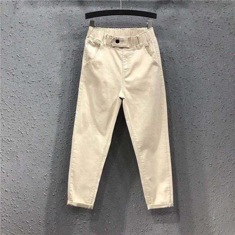 202411 New Fc202 Spring 4 Autumn High White Elastic Waist Denim Women's K-style Loose Thin Cropped Casual Pants