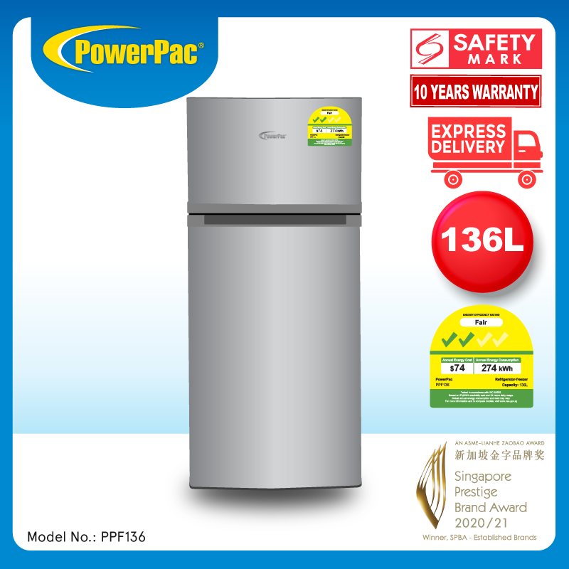 PowerPac 2 Door Mini Bar Fridge with Freezer 136L (PPF136)