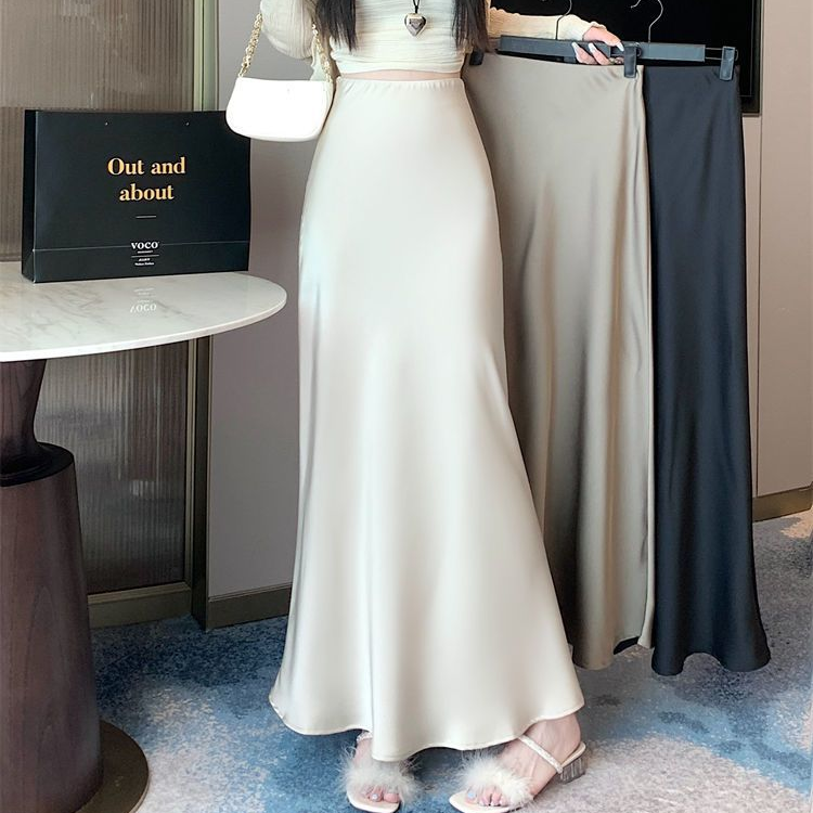 Ice Silk High Waisted Skirt for Women Korean Style A-line Wrap Buttocks Fishtail Long Skirt