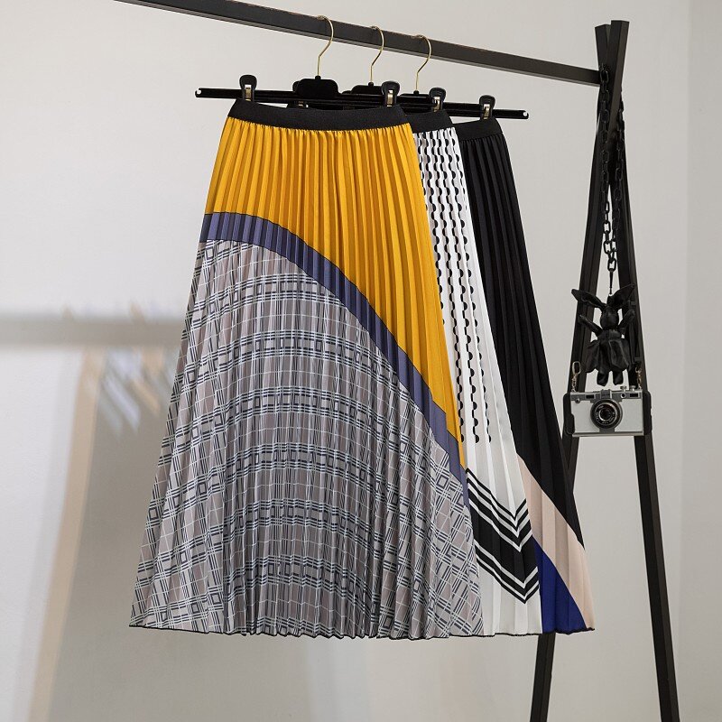 Fashion Casual Half-length Skirt Large Pleated Skirt Long New A-line Striped Pattern Women Wavy Graphics Creative Skirt