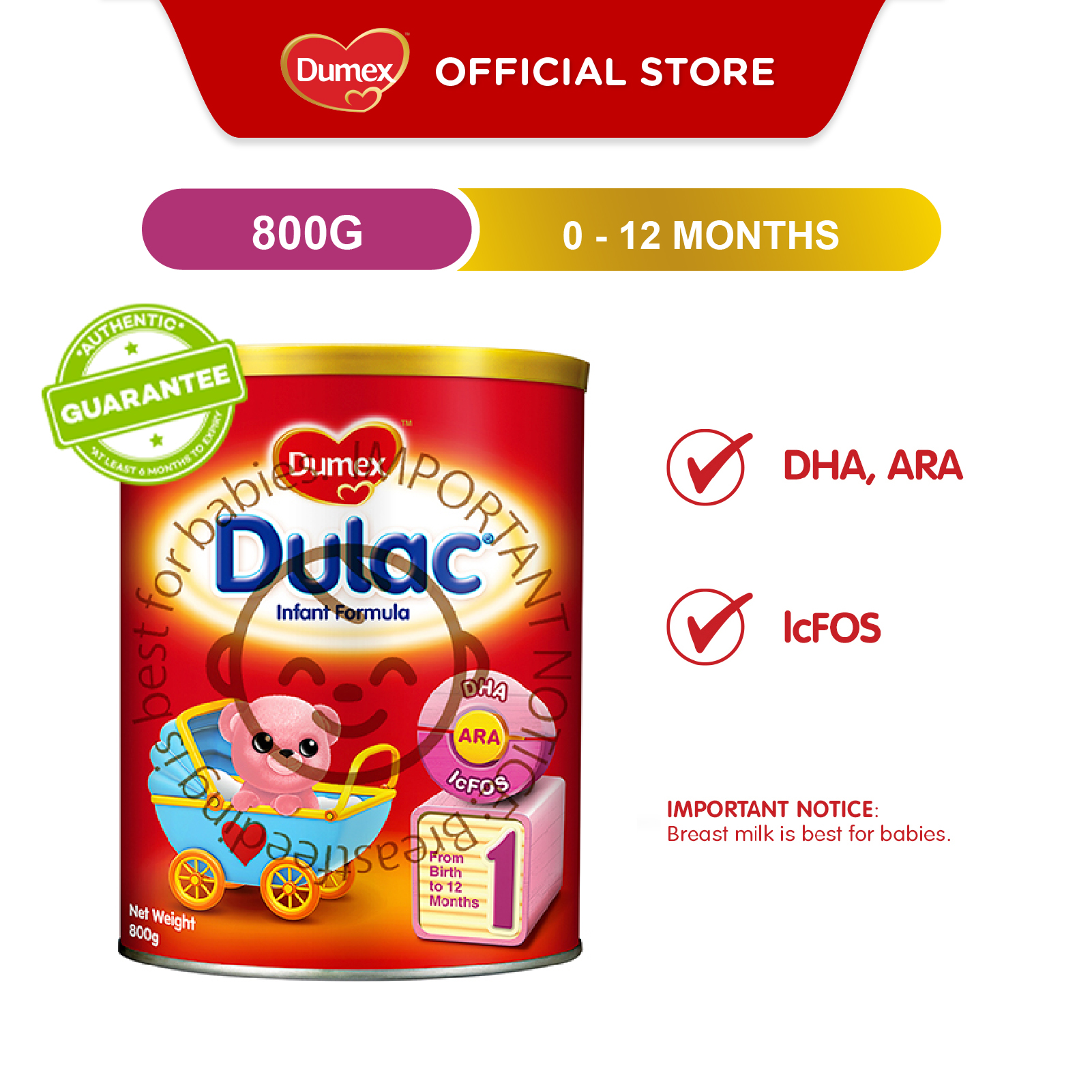 Dumex Dulac Stage 1 Infant Newborn Baby Milk Formula (800g)