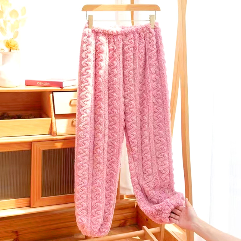 Oduw Women Loose Plush Pajama Sleep Pant Coral Velvet Thickened Home Pant Flannel Warm Autumn/Winter Solid Color Soft